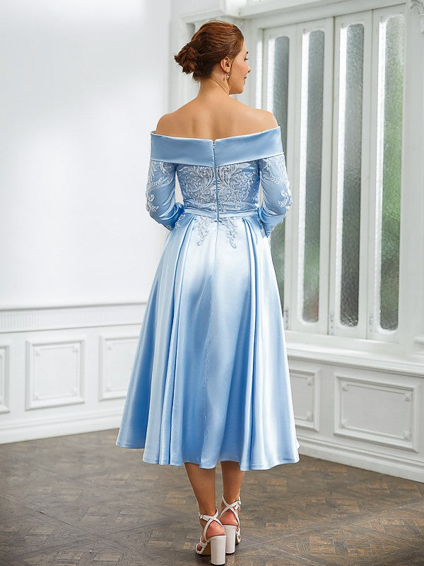 Macie A-Line/Princess Elastic Woven Satin Ruched Off-the-Shoulder Long Sleeves Tea-Length Mother of the Bride Dresses DFP0020269