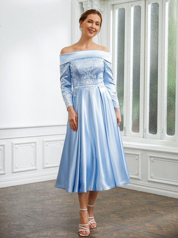 Macie A-Line/Princess Elastic Woven Satin Ruched Off-the-Shoulder Long Sleeves Tea-Length Mother of the Bride Dresses DFP0020269