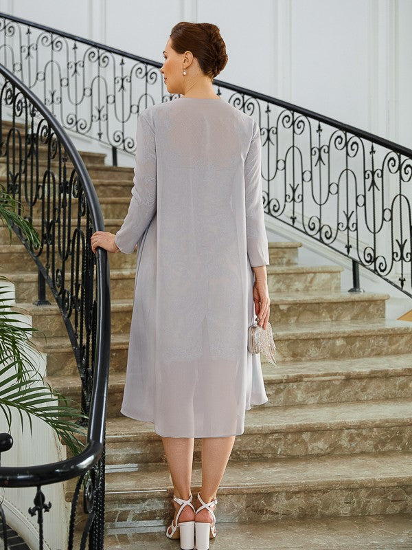 Penelope Sheath/Column Chiffon Applique Bateau 3/4 Sleeves Short/Mini Mother of the Bride Dresses DFP0020270