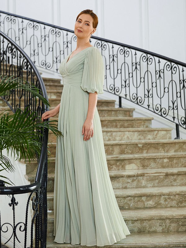 Carleigh A-Line/Princess Chiffon Ruched V-neck 1/2 Sleeves Floor-Length Mother of the Bride Dresses DFP0020271