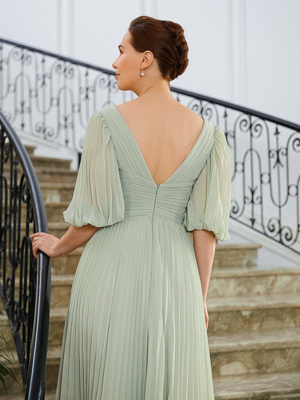 Carleigh A-Line/Princess Chiffon Ruched V-neck 1/2 Sleeves Floor-Length Mother of the Bride Dresses DFP0020271