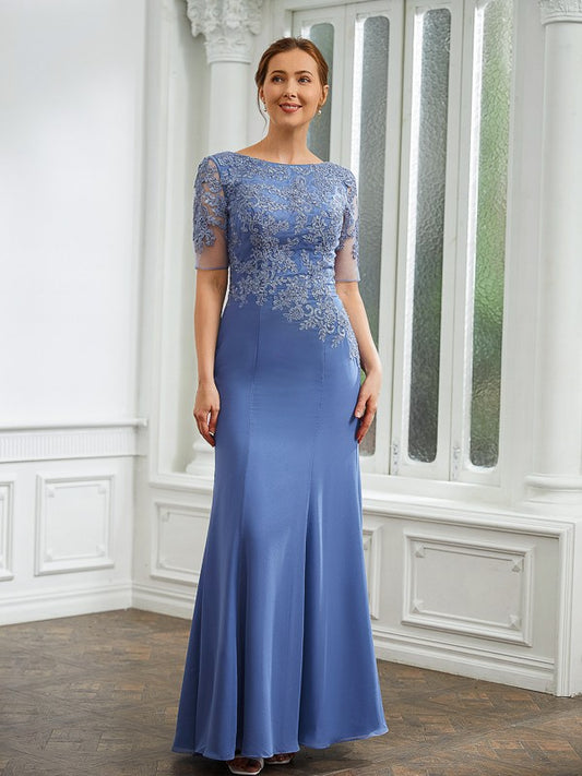 Shyla Sheath/Column Chiffon Applique Bateau Short Sleeves Floor-Length Mother of the Bride Dresses DFP0020272