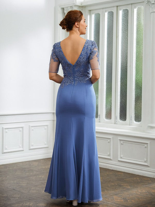 Shyla Sheath/Column Chiffon Applique Bateau Short Sleeves Floor-Length Mother of the Bride Dresses DFP0020272