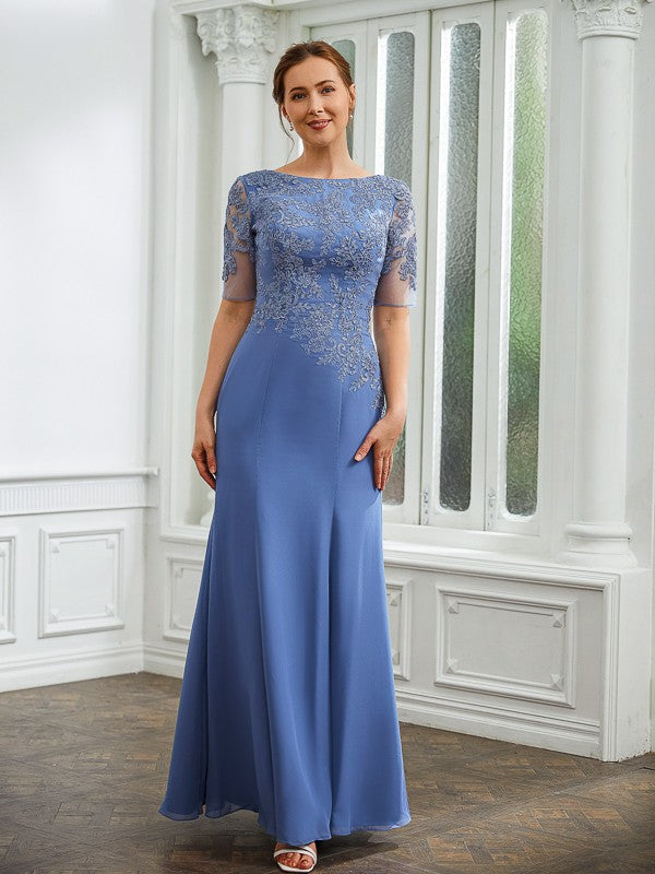 Shyla Sheath/Column Chiffon Applique Bateau Short Sleeves Floor-Length Mother of the Bride Dresses DFP0020272