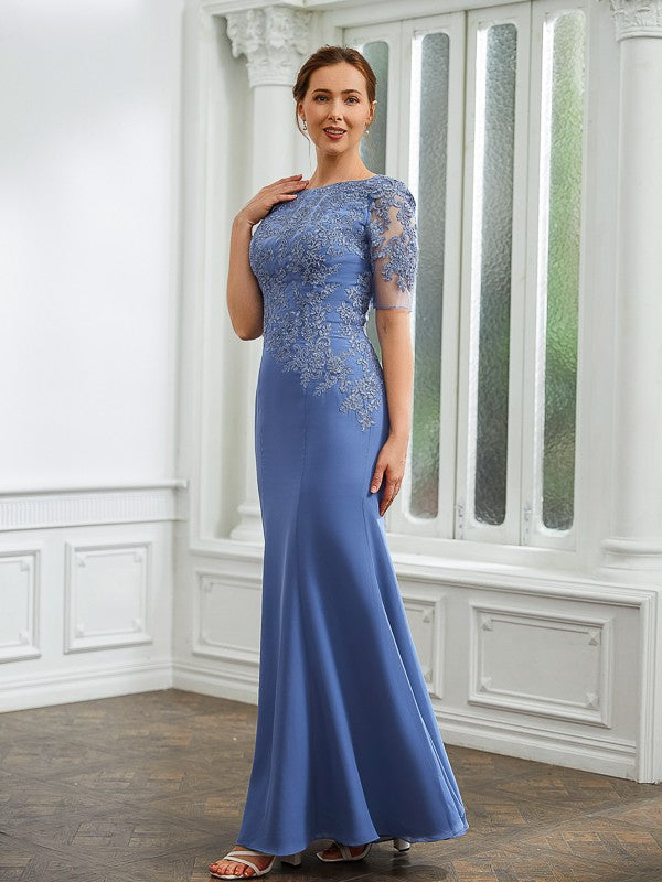 Shyla Sheath/Column Chiffon Applique Bateau Short Sleeves Floor-Length Mother of the Bride Dresses DFP0020272