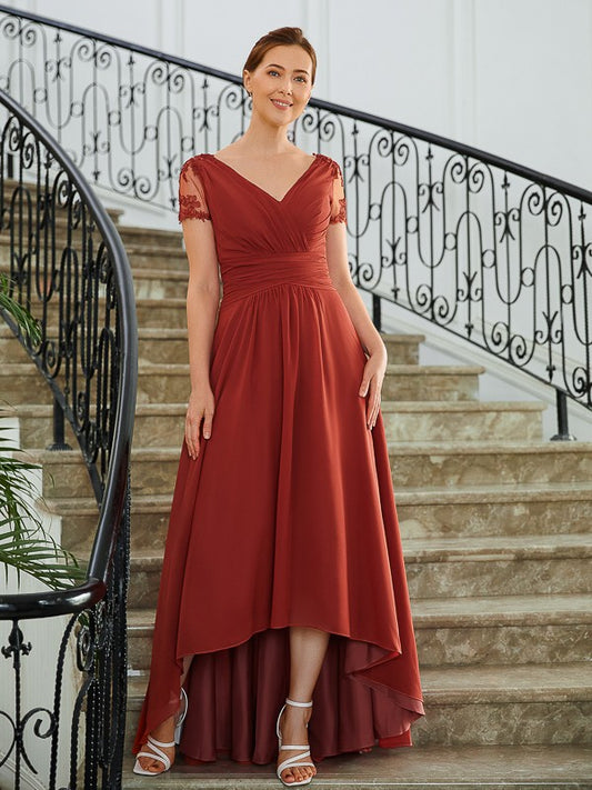 Zara A-Line/Princess Chiffon Ruched V-neck Short Sleeves Asymmetrical Mother of the Bride Dresses DFP0020273