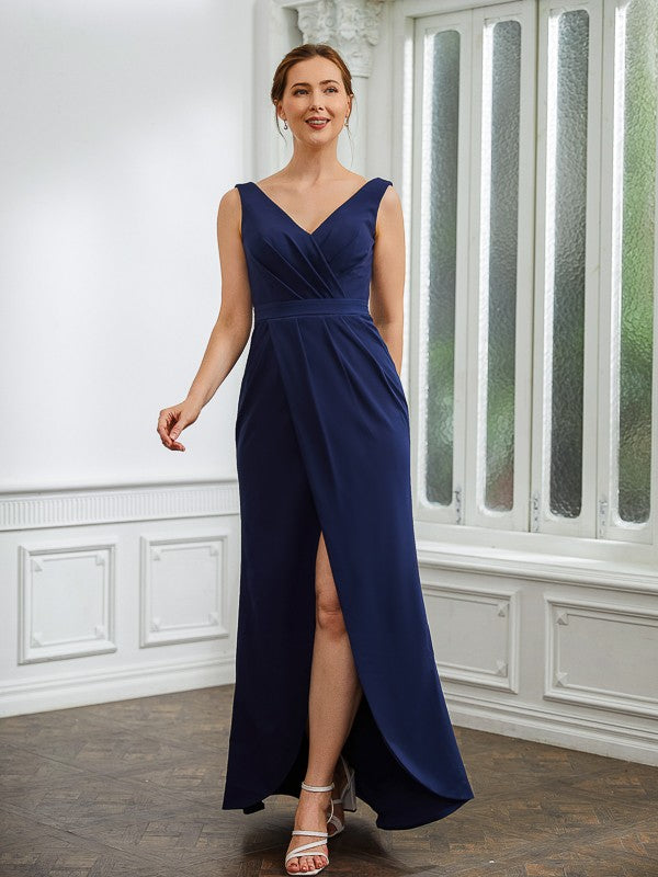 Ivy Sheath/Column Stretch Crepe Ruched V-neck Sleeveless Floor-Length Mother of the Bride Dresses DFP0020258