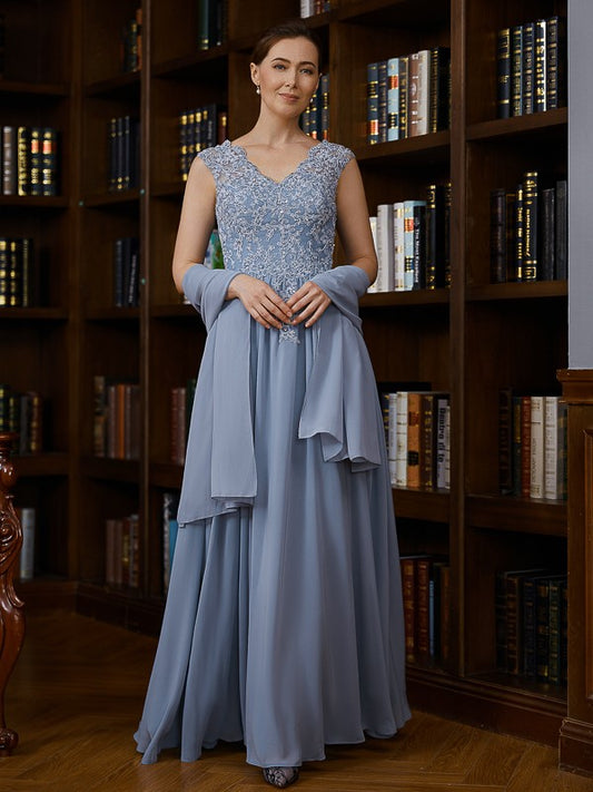 Elizabeth A-Line/Princess Chiffon Applique V-neck Sleeveless Floor-Length Mother of the Bride Dresses DFP0020259