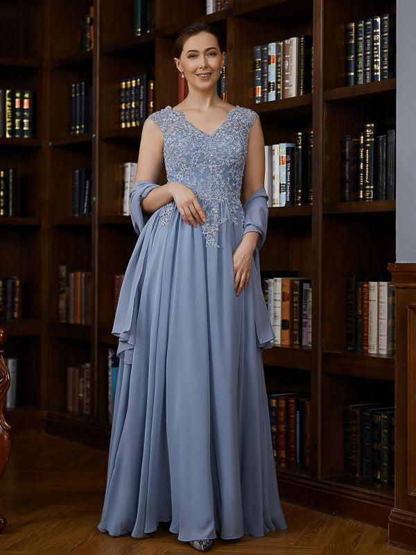 Elizabeth A-Line/Princess Chiffon Applique V-neck Sleeveless Floor-Length Mother of the Bride Dresses DFP0020259