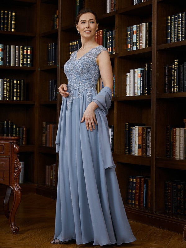 Elizabeth A-Line/Princess Chiffon Applique V-neck Sleeveless Floor-Length Mother of the Bride Dresses DFP0020259