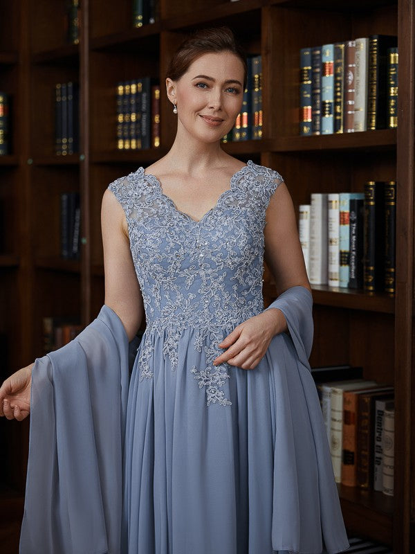 Elizabeth A-Line/Princess Chiffon Applique V-neck Sleeveless Floor-Length Mother of the Bride Dresses DFP0020259