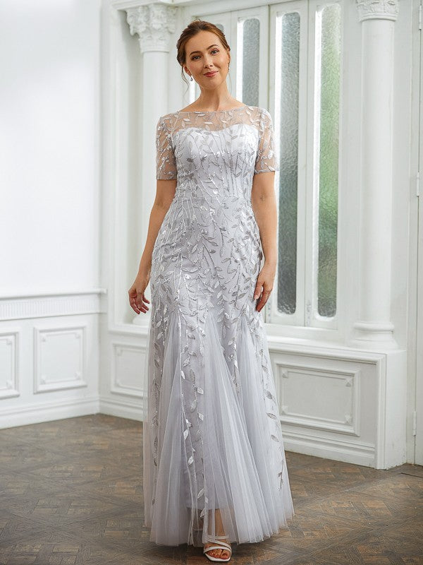 Rachel A-Line/Princess Tulle Ruched Bateau Short Sleeves Ankle-Length Mother of the Bride Dresses DFP0020261