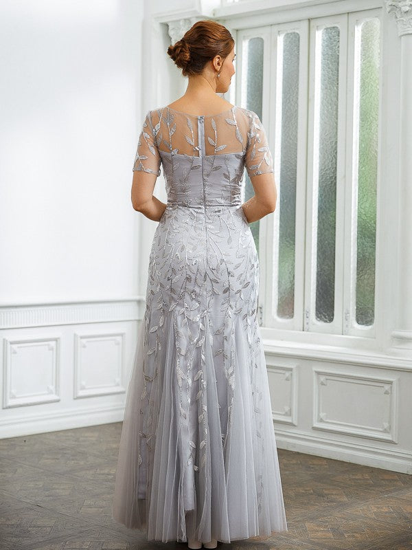 Rachel A-Line/Princess Tulle Ruched Bateau Short Sleeves Ankle-Length Mother of the Bride Dresses DFP0020261