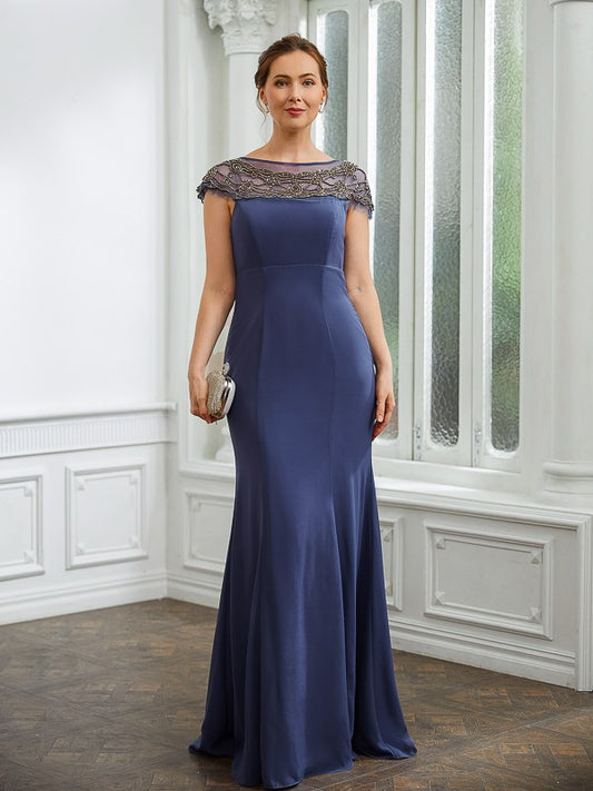 Diya Sheath/Column Chiffon Beading Bateau Short Sleeves Floor-Length Mother of the Bride Dresses DFP0020253