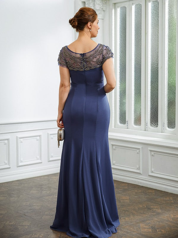 Diya Sheath/Column Chiffon Beading Bateau Short Sleeves Floor-Length Mother of the Bride Dresses DFP0020253