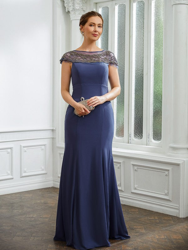 Diya Sheath/Column Chiffon Beading Bateau Short Sleeves Floor-Length Mother of the Bride Dresses DFP0020253