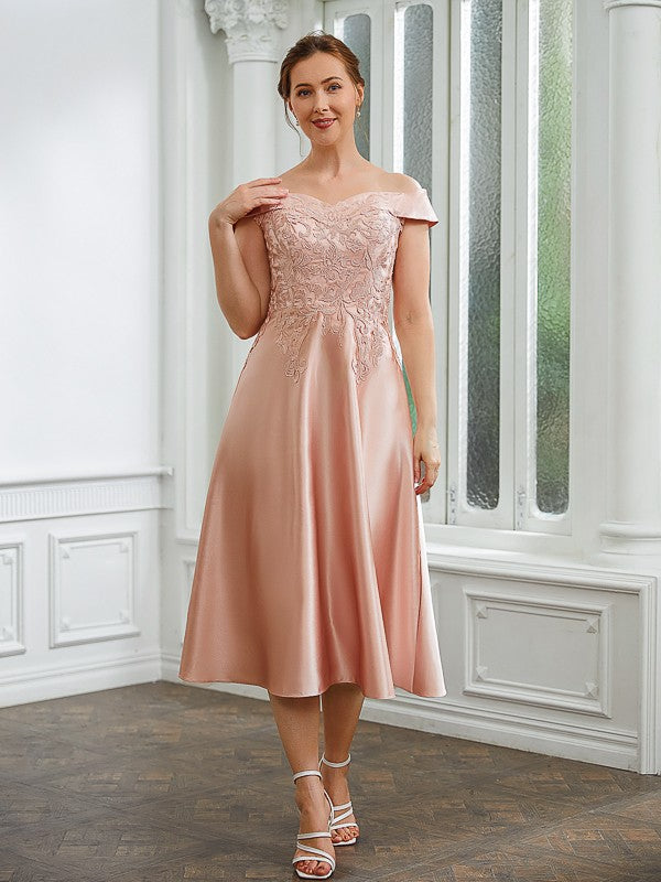 Camryn A-Line/Princess Satin Applique Off-the-Shoulder Sleeveless Tea-Length Mother of the Bride Dresses DFP0020255