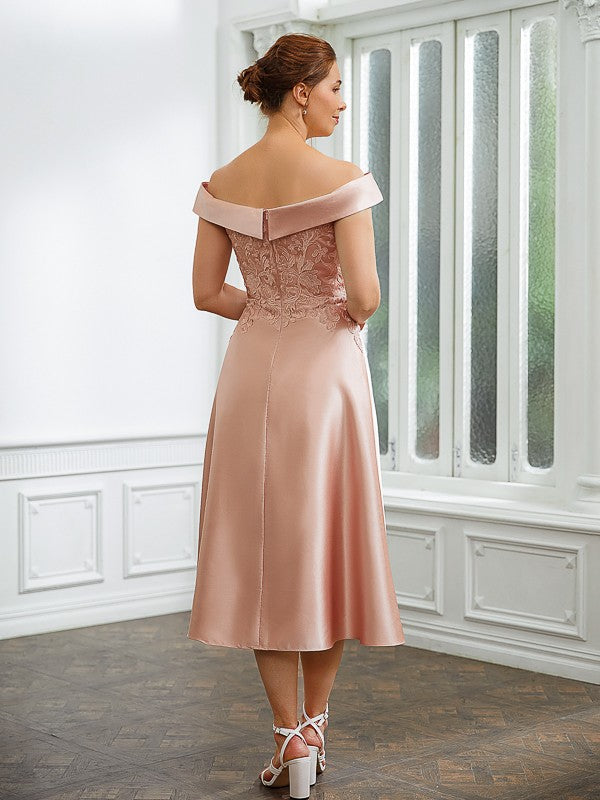 Camryn A-Line/Princess Satin Applique Off-the-Shoulder Sleeveless Tea-Length Mother of the Bride Dresses DFP0020255