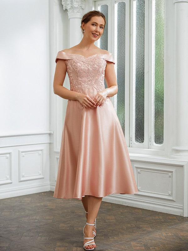 Camryn A-Line/Princess Satin Applique Off-the-Shoulder Sleeveless Tea-Length Mother of the Bride Dresses DFP0020255