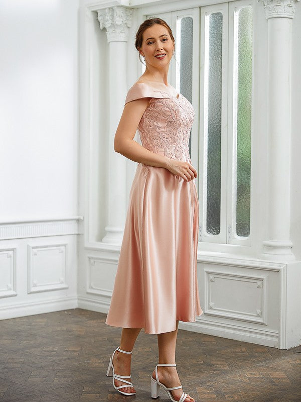 Camryn A-Line/Princess Satin Applique Off-the-Shoulder Sleeveless Tea-Length Mother of the Bride Dresses DFP0020255