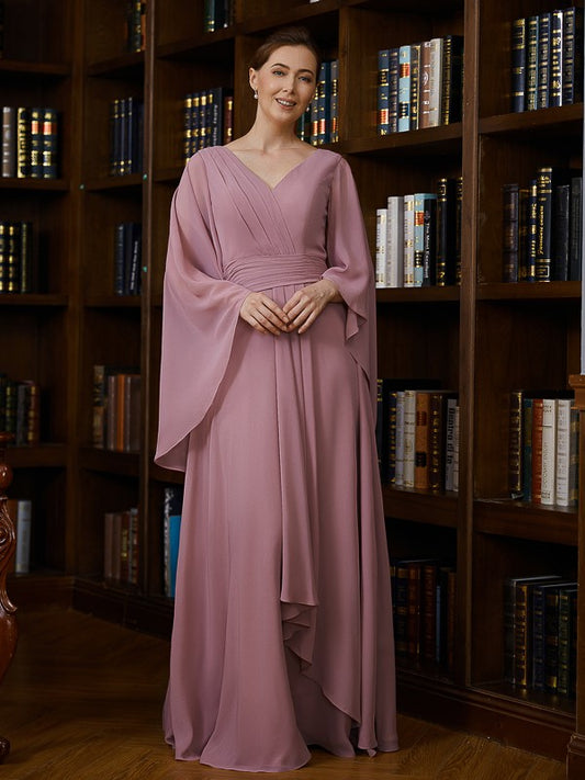 Ryann A-Line/Princess Chiffon Ruched V-neck 3/4 Sleeves Floor-Length Mother of the Bride Dresses DFP0020251