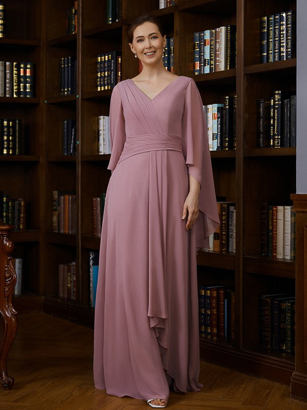 Ryann A-Line/Princess Chiffon Ruched V-neck 3/4 Sleeves Floor-Length Mother of the Bride Dresses DFP0020251