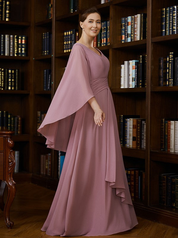 Ryann A-Line/Princess Chiffon Ruched V-neck 3/4 Sleeves Floor-Length Mother of the Bride Dresses DFP0020251