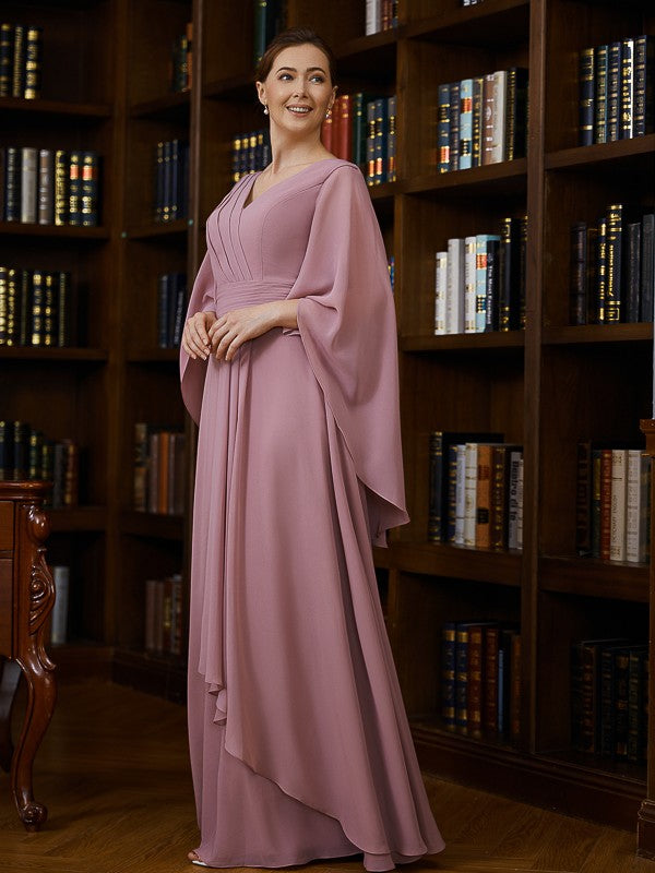 Ryann A-Line/Princess Chiffon Ruched V-neck 3/4 Sleeves Floor-Length Mother of the Bride Dresses DFP0020251