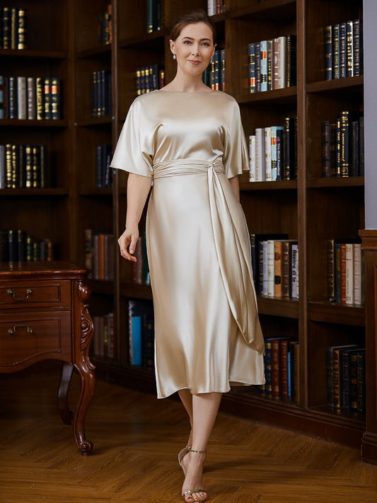 Mylee Sheath/Column Elastic Woven Satin Ruched Scoop Short Sleeves Tea-Length Mother of the Bride Dresses DFP0020242