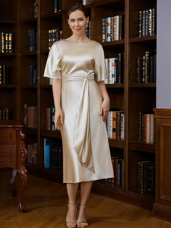 Mylee Sheath/Column Elastic Woven Satin Ruched Scoop Short Sleeves Tea-Length Mother of the Bride Dresses DFP0020242