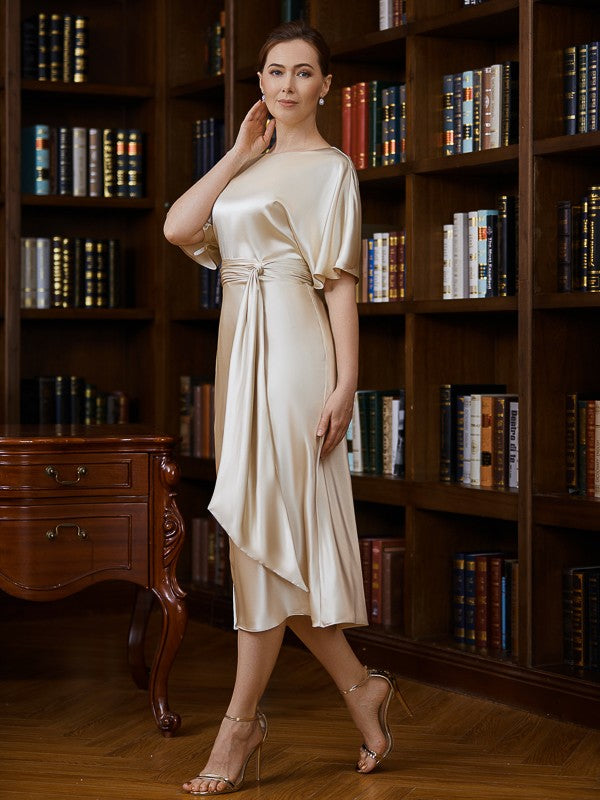 Mylee Sheath/Column Elastic Woven Satin Ruched Scoop Short Sleeves Tea-Length Mother of the Bride Dresses DFP0020242