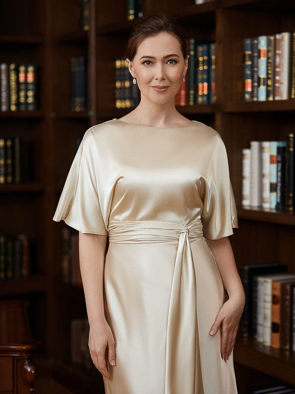 Mylee Sheath/Column Elastic Woven Satin Ruched Scoop Short Sleeves Tea-Length Mother of the Bride Dresses DFP0020242