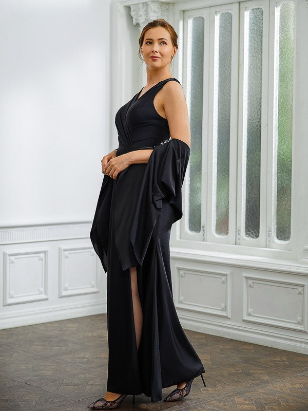 Marian Sheath/Column Jersey Ruched V-neck Sleeveless Floor-Length Mother of the Bride Dresses DFP0020246