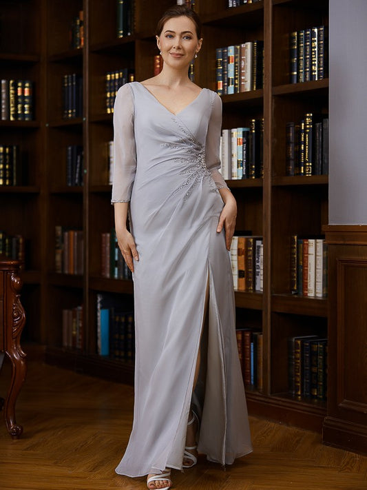 Jayda Sheath/Column 30D Chiffon Beading V-neck 3/4 Sleeves Floor-Length Mother of the Bride Dresses DFP0020247