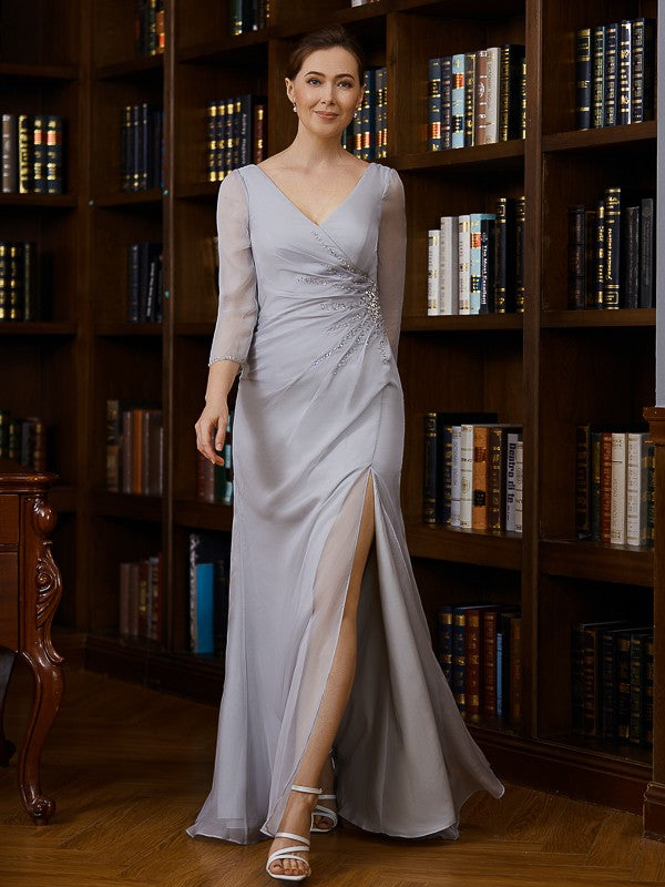 Jayda Sheath/Column 30D Chiffon Beading V-neck 3/4 Sleeves Floor-Length Mother of the Bride Dresses DFP0020247