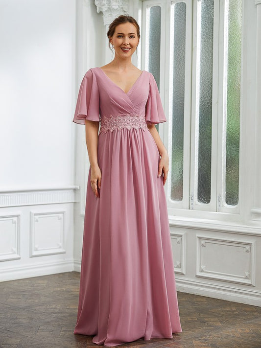 Skylar A-Line/Princess Chiffon Ruched V-neck 1/2 Sleeves Floor-Length Mother of the Bride Dresses DFP0020248