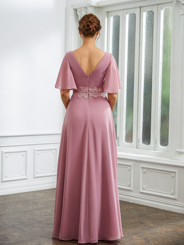 Skylar A-Line/Princess Chiffon Ruched V-neck 1/2 Sleeves Floor-Length Mother of the Bride Dresses DFP0020248