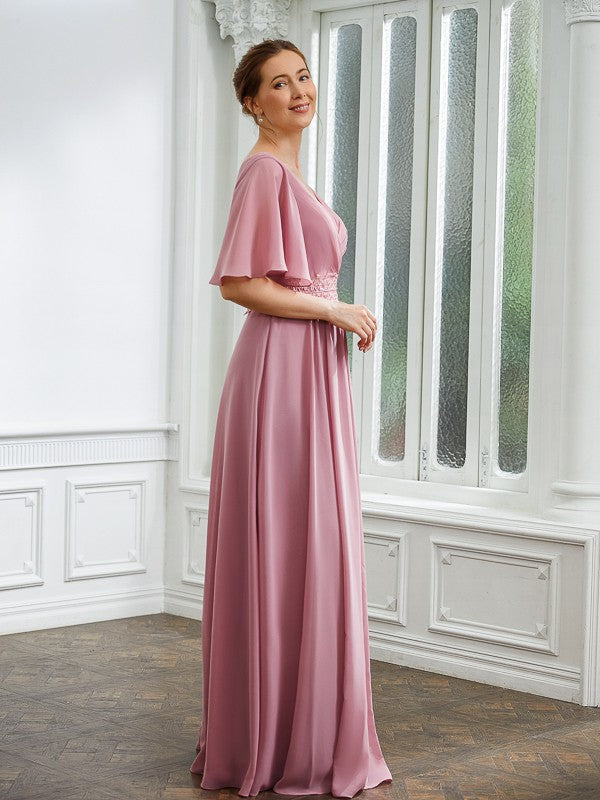 Skylar A-Line/Princess Chiffon Ruched V-neck 1/2 Sleeves Floor-Length Mother of the Bride Dresses DFP0020248