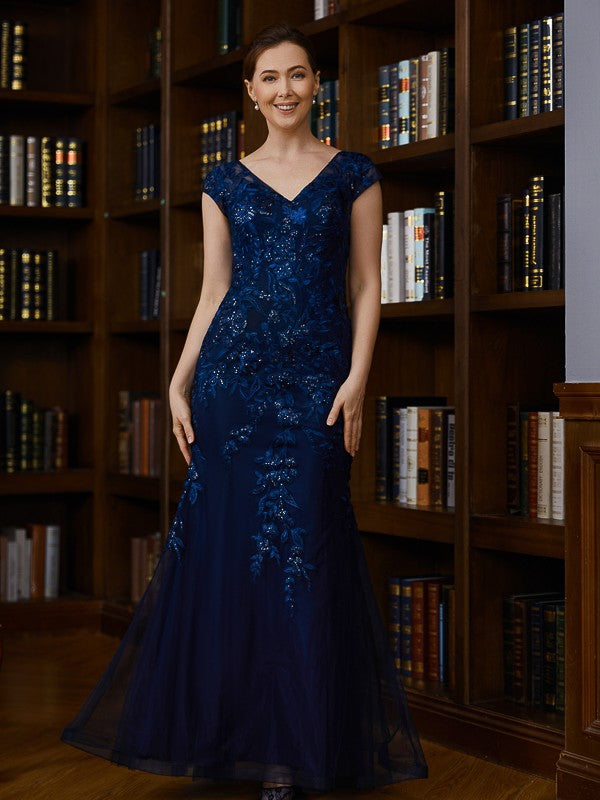 EmeryPiper Sheath/Column Tulle Applique V-neck Short Sleeves Floor-Length Mother of the Bride Dresses DFP0020241