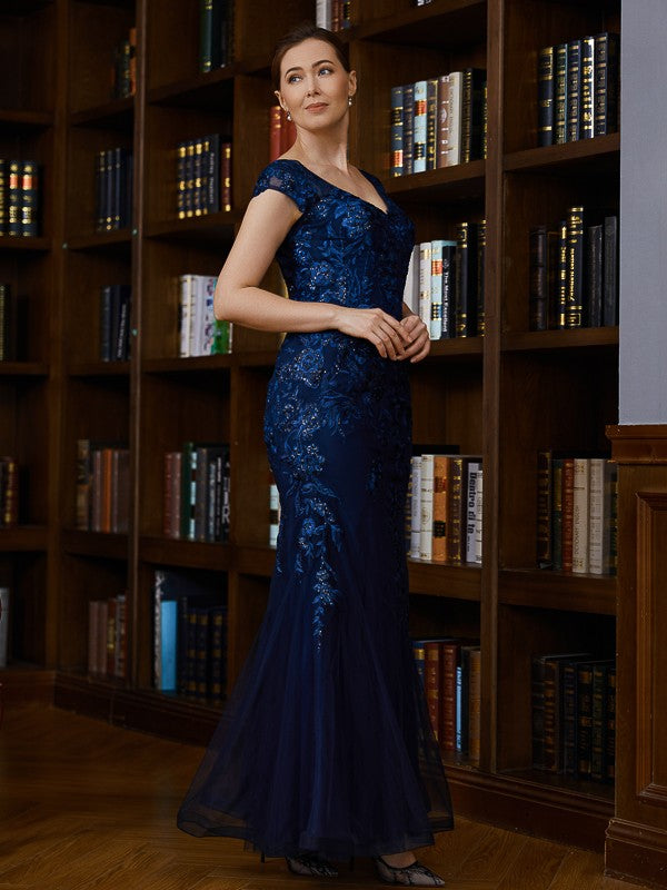 EmeryPiper Sheath/Column Tulle Applique V-neck Short Sleeves Floor-Length Mother of the Bride Dresses DFP0020241