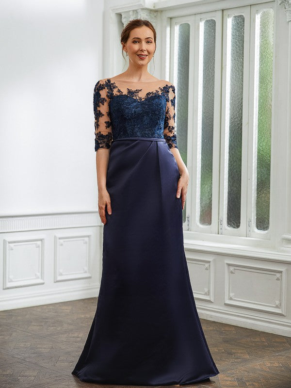 Nora Sheath/Column Satin Applique Bateau 1/2 Sleeves Sweep/Brush Train Mother of the Bride Dresses DFP0020243