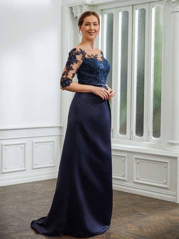 Nora Sheath/Column Satin Applique Bateau 1/2 Sleeves Sweep/Brush Train Mother of the Bride Dresses DFP0020243