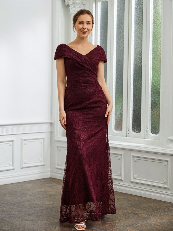 Nova Sheath/Column Lace Ruched V-neck Short Sleeves Floor-Length Mother of the Bride Dresses DFP0020246