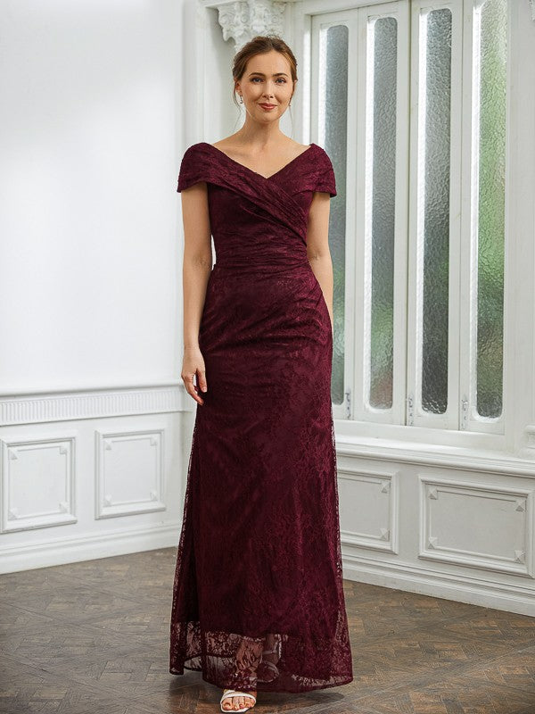 Nova Sheath/Column Lace Ruched V-neck Short Sleeves Floor-Length Mother of the Bride Dresses DFP0020246