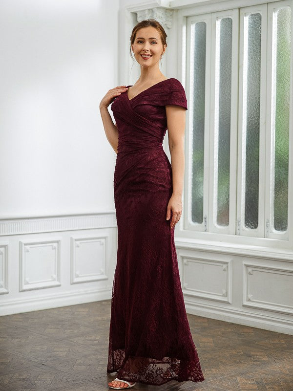 Nova Sheath/Column Lace Ruched V-neck Short Sleeves Floor-Length Mother of the Bride Dresses DFP0020246