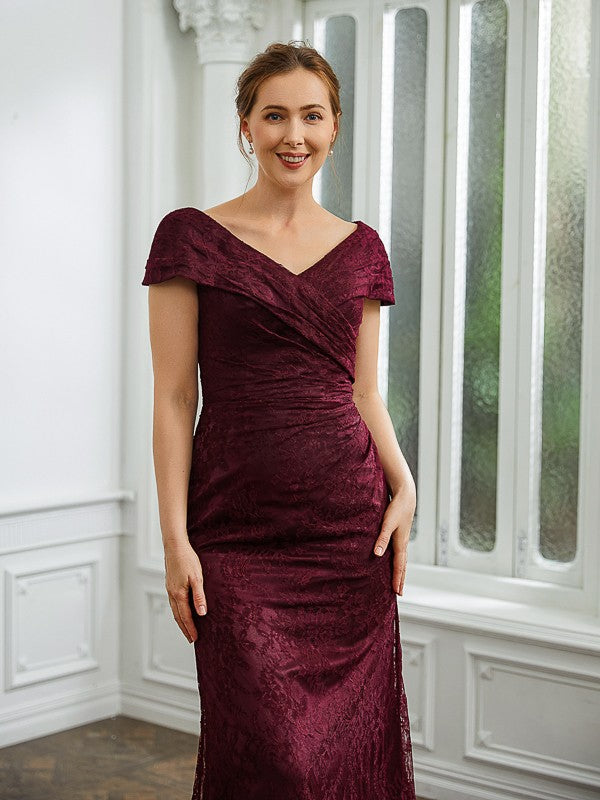 Nova Sheath/Column Lace Ruched V-neck Short Sleeves Floor-Length Mother of the Bride Dresses DFP0020246