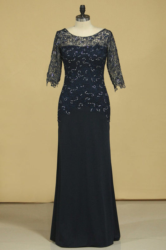 Mother Of The Bride Dresses Scoop 3/4 Length Sleeve Dark Navy Spandex & Lace With Beads