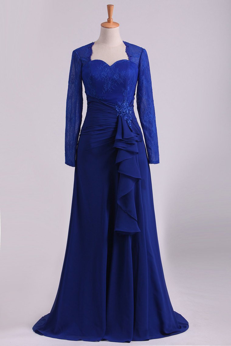 Mother Of The Bride Dresses Long Sleeves Chiffon With Applique Open Back Dark Royal Blue