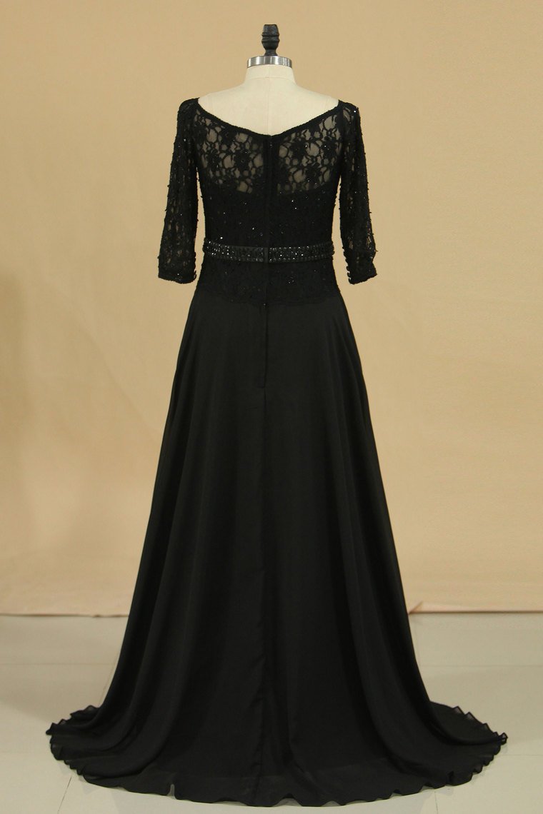 Black Mother Of The Bride Dresses 3/4 Length Sleeve A Line Chiffon Lace Sweep Train