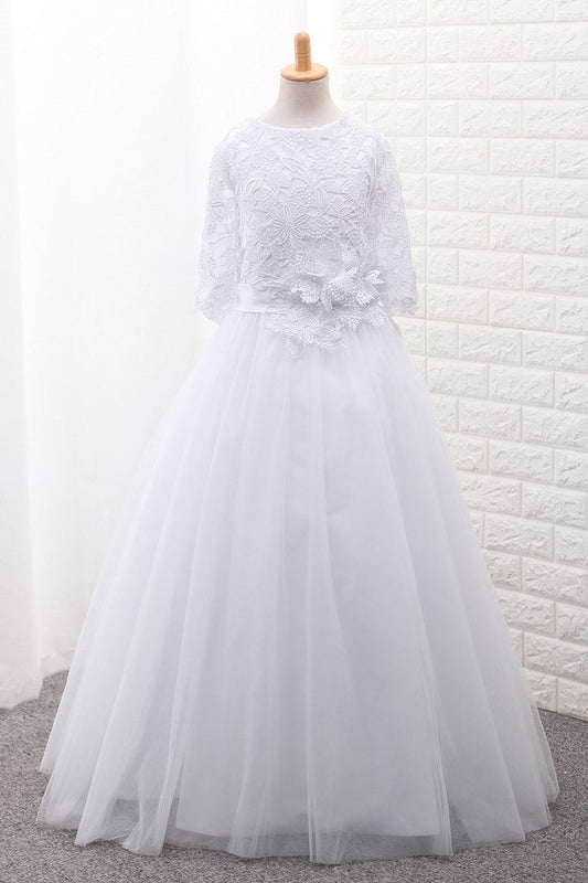 2024 Mid-Length Sleeves Scoop Ball Gown Flower Girl Dresses Tulle With Sash